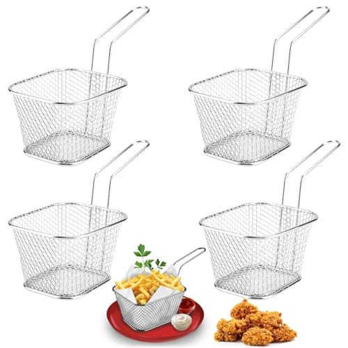Chip Serving Frying Baskets 4 Pcs Mini Chip Baskets with Handle for Serving Stainless Steel French Fries Holder Food Presentation Basket for Serving Basket for French Fries Onion Rings Chicken Wings