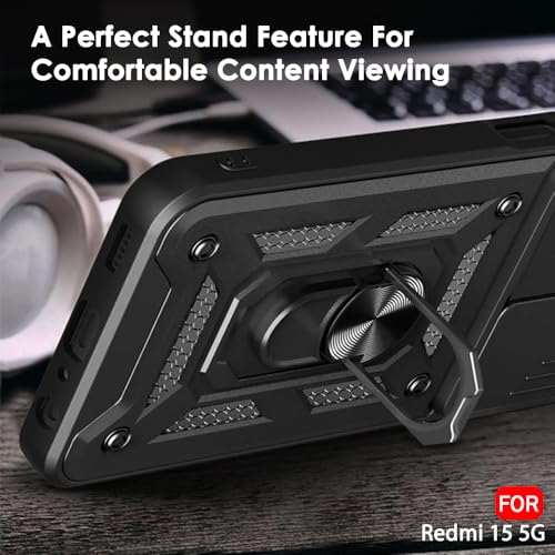 Image of TheGiftKart Tough Armor Bumper Back Cover Case for Mi Redmi 15 5G | Sliding Camera Cover, Kickstand & Ring Holder | 360 Degree Protection Back Cover Case for Redmi 15 5G (PC & TPU, Black)
