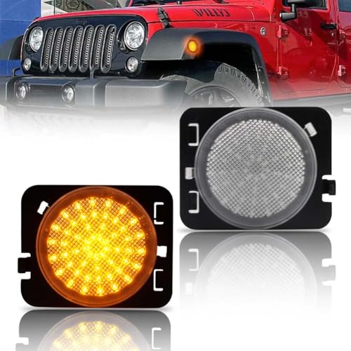OFFKAT Front Fender LED Side Marker Lights for 2007-2019 Je-ep Wrangler JK, JK Clear Lens Side Bumper Marker Lamps, [Ultra-Bright] Amber LED Side Markers Turn Signal Lights, 2 PCS