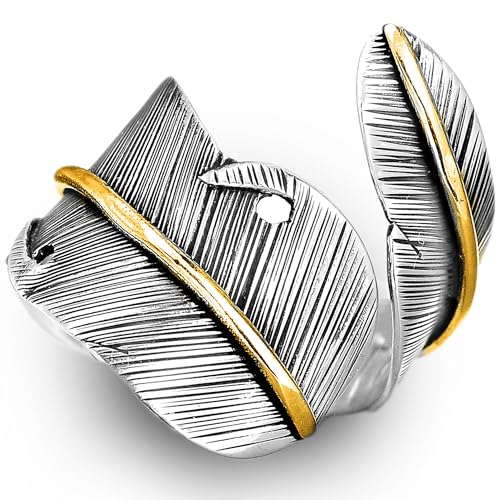 Boho-Magic 925 Sterling Silver and Brass Feather Ring for Women – Adjustable Nature-Inspired Leaf Wrap, Handmade Two-Tone Wide Band Statement Ring – Fits Sizes 7 to 10 – Modern Jewelry