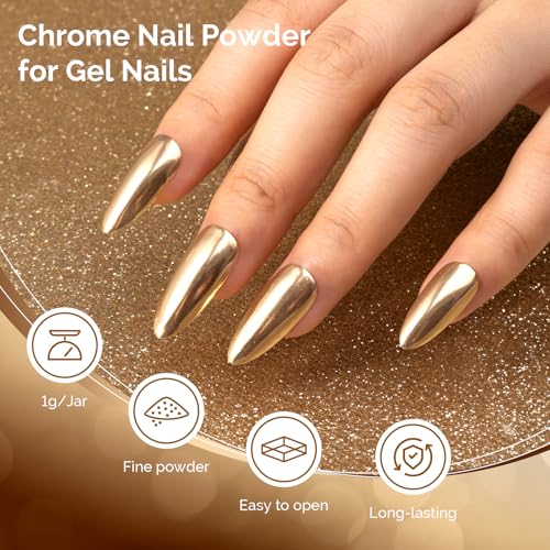 Image of MelodySusie Champagne Gold Chrome Nail Powder for Gel Nails,Metallic Mirror Effect Pigment Stylish and Technological Fine Glitter for Home DIY Salon Use