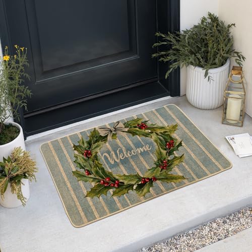 Zerbino con ghirlanda di Natale, tappetino di benvenuto con agrifoglio verde, per interni ed esterni, decorazione per le vacanze, antiscivolo, lavabile, tappeto per ingresso anteriore, 73 x 43 cm