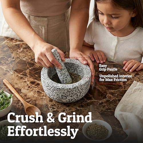 Heavy Duty Natural Granite Mortar and Pestle Set, Hand Carved, Make Fresh Guacamole, Salsa, Pesto, Stone Grinder Bowl, Herb Crusher, Spice Grinder