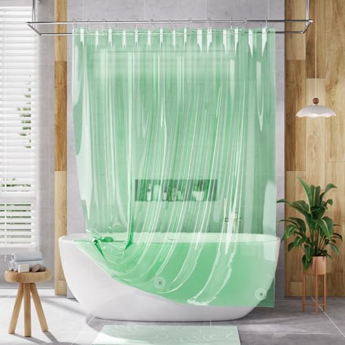 Image of AmazerBath Shower Curtain Liner, 72x72 Transparent Mint Green Shower Liner, Lightweight Plastic Shower Curtain Liners, Waterproof Shower Liner for Bathroom with 3 Magnets and 12 Grommet Holes