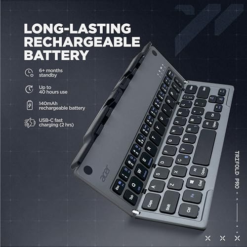 Image of acer Trifold Pro | 60 Keys Foldable Bluetooth Keyboard | BT 5.0 | Rechargeable 140mAh Battery | USB-C Fast Charging | Compact Travel Design | 40H Working Time | Space Grey | Windows /Mac /Android