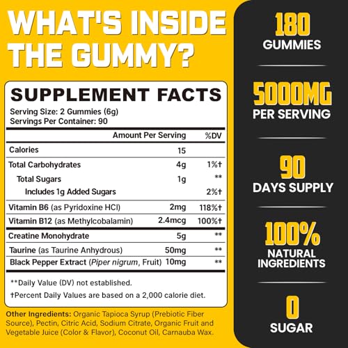 (180 Count) Creatine Monohydrate Gummies for Men & Women - Sugar Free, Creatine Pre Workout Gummies for Muscle Builder, Muscle Strength, Recovery, Endurance, Energy, Creatine for Women & Men, Vegan