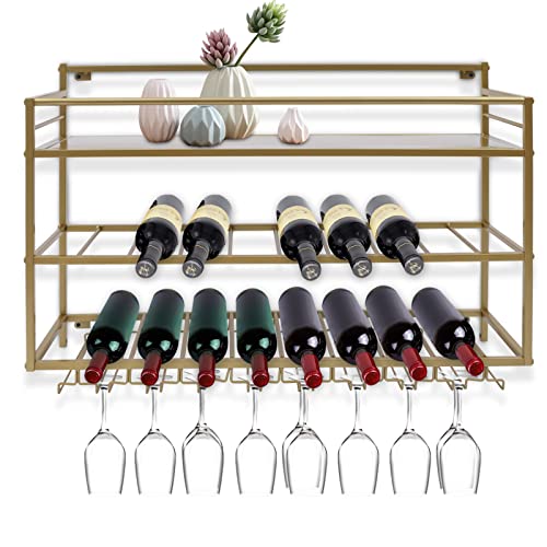 czyuRachel Botelleros de pared montados en la pared, estante de vino de metal moderno con soporte de cristal, soporte de almacenamiento para colgar vasos y guardar botellas en apartamentos y bares