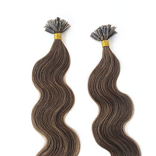 ZZRRYY Top Grade 20 Inch Keratin Pre Bonded U Tip Body Wave Human Hair Extensions, 50 Strands, 1g/S, 50g, Remy Human Hair, Light Brown (Body U Tip 20" #6, 1g/s 50g)