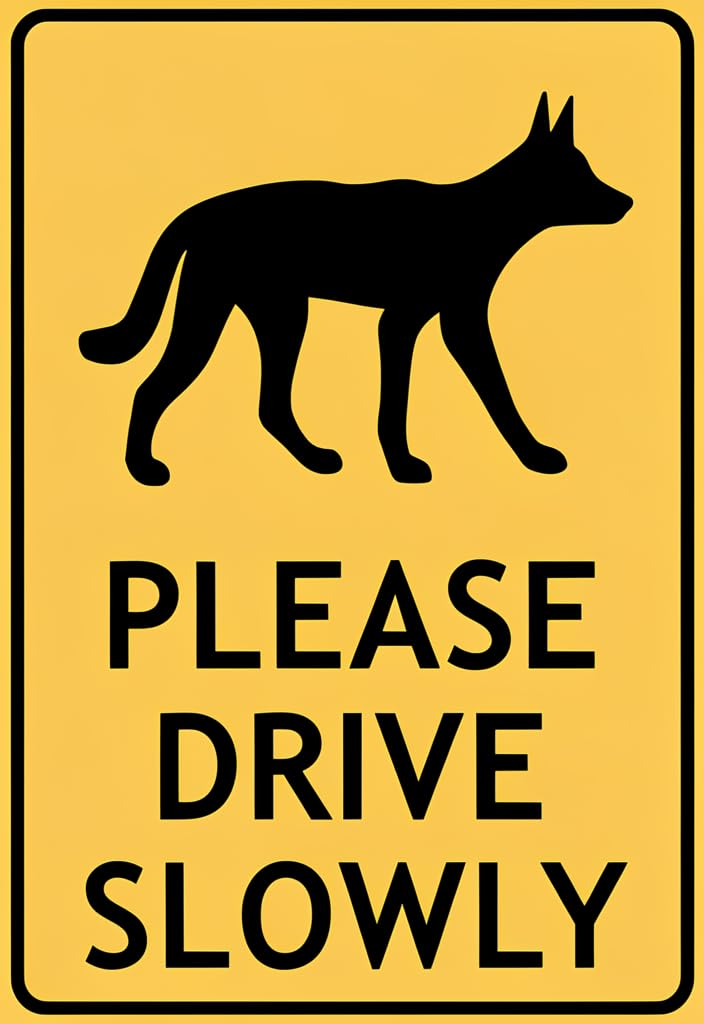 peiyeety 12x8 Inch Tin Sign Please Drive Slowly Dog Crossing Warning Metal Wall Decor, Yellow & Black Safety Sign for Driveway, Yard, Garage, Farmhouse Rustic Home Decor Gift