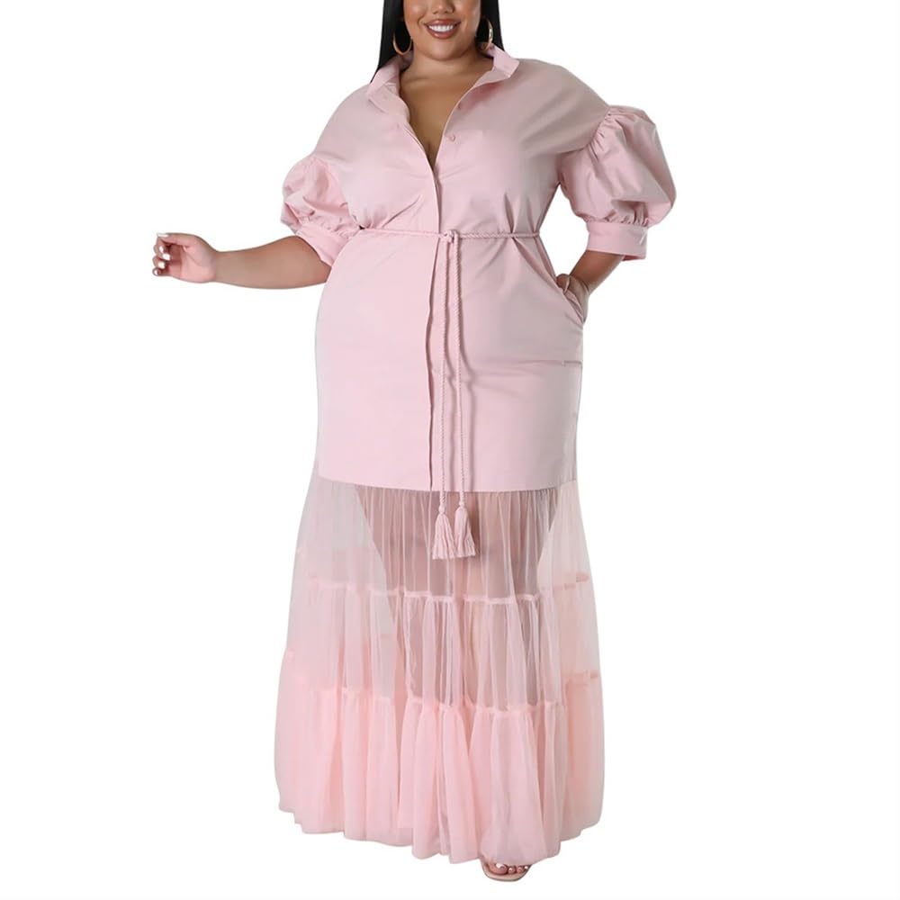 GHAKKE Women's Sexy Plus Size Shirt Dress Lapel Puff Sleeves Button Down See Through Mesh Paneled Maxi Dress Clubwear