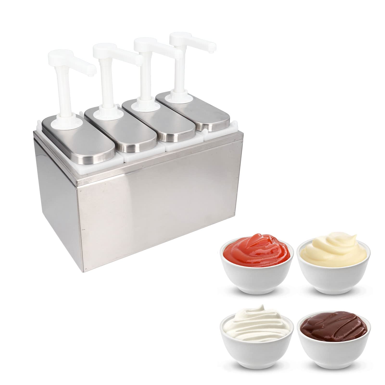 Station de Pompage de Condiments, Grande Pompe Distributrice de Sauce en Acier Inoxydable avec Triple, Quatre ou Cinq Pompes Distributeur de Condiments Amovible de Qualité Alimentaire(4 Pompes)