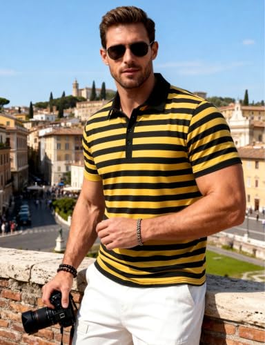 JEMITOP Men Stretch Knit Slim Fit Polo Shirt | Striped, Colorblock, Casual, Short Sleeve, Collared miniatura 3