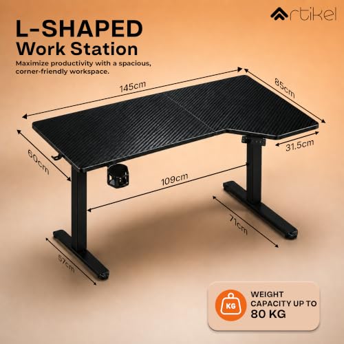 Image of Artidesk Pisthol Electric Height Adjustable Standing Desk L-Shaped Sit Stand Office Gaming Table for Home 140x85cm | USB-C | LED Display | 3 Memory Presets | Timer | Anti-Collision | 80kg Capacity