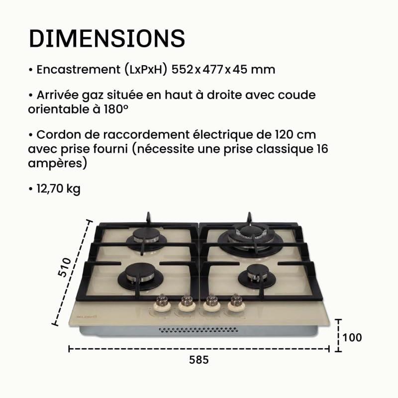BELDEKO Plaque Gaz 4 Feux 8000W Beige Boutons Laiton - Marque Française