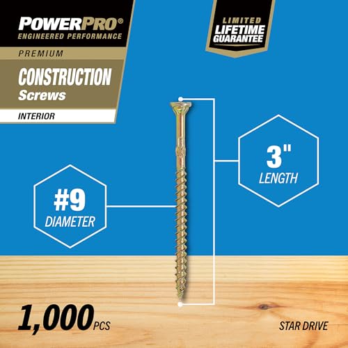 Power Pro 48881 Tornillos para madera, tamaño 9 x 3 pulgadas, Premium Star Drive para gabinetes interiores, Zinc amarillo dorado, 1000 piezas miniatura 4