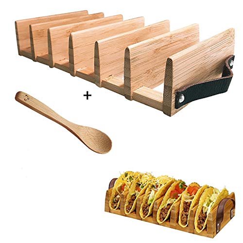 Taco Holder Stand by PJ Modern Art – Bonus Wooden Spoon – Soft and Hard Shell Taco Stand – Premium Quality and Sturdy Material – 6 Taco Slots – Ready Package for Party and Home Enjoying Time