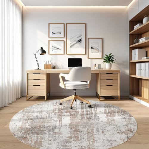 Round Rug Living Room Rugs: 10x10 Washable Circle Large Abstract Modern Soft Stain Resistant Non-Slip Indoor Floor Carpet for Bedroom Nursery Office Dining Room Playroom Home House Decor- Brown