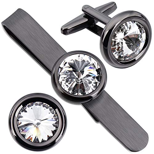 HAWSON 2 inch Tie Clip and Cufflink Set for Men Women Silver Cufflink and Skinny tie bar with Swarovski Crystal for Your Lover Relatives Groom Best Man Birthday Business Wedding Party Gift(White)