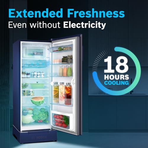 Image of Bosch 226 L, 3 star, Direct-Cool Single Door Refrigerator | 18 Hrs Cooling Retention | 2.5X Faster Cooling | Spacious Multi Box | Delicate Crisper for Soft Veggies (2026 model, CST22U13AI, Dark Lake)