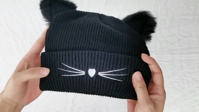 AWAVM Womens Winter Warm Cute Cat Ears Beanie Hat Thermal Knit Crochet Braided Fashion Hats Soft Ski Snowboard Hat Double Faux Fur Bobble Pom Pom Cat Hat For Girls Ladies Valentines Gifts