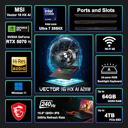 msi Vector 16 HX AI Gaming Laptop 16" QHD+ IPS 240Hz Intel 20-core Ultra 7 255HX (>i9-14900HX) 32GB DDR5 1TB SSD GeForce RTX 5070 Ti RGB Backlit Thunderbolt5 Win11 ICP Hub w/Copilot AI PC - Image 4