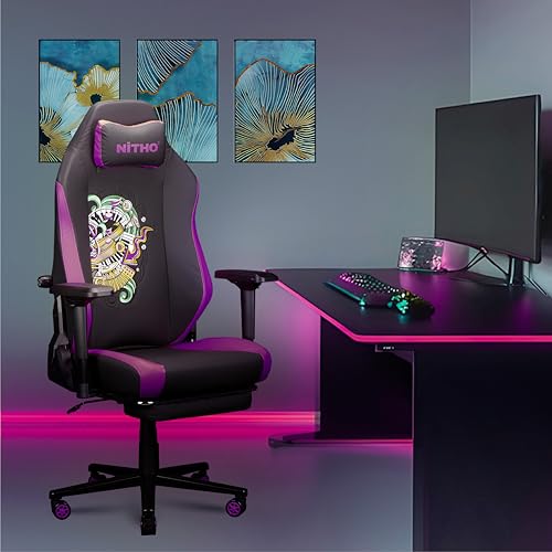 Image of NiTHO FORGE Gaming Office Chair | Ergonomic Reclining Computer Chair with Magnetic Headrest, Foldable Footrest, Adjustable Lumbar Support, 4D Armrests, Swivel Chair for Work or Study, Black & Violet