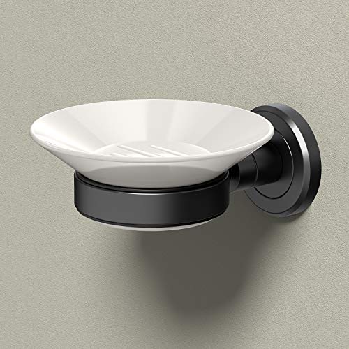 Gatco 1940MX Latitude II Wall Mounted Porcelain Soap Dish with Matte Black Holder, White/Matte...