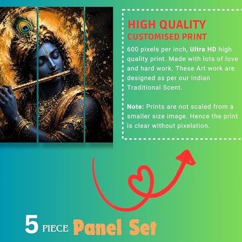 Image of Nozvera Lord Krishna Playing Flute 5 Panel Wall Painting | UV Printed on 7mm Premium MDF Board | 48x24 Inch Large Wall Art for Living Room Bedroom Pooja Room | Antifade Waterproof Home Decor Gift