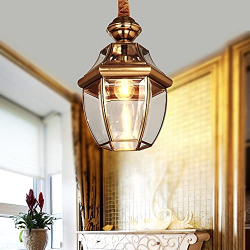 PeiyuLight Antique Brass Lantern Pendant Light - Vintage Glass Ceiling