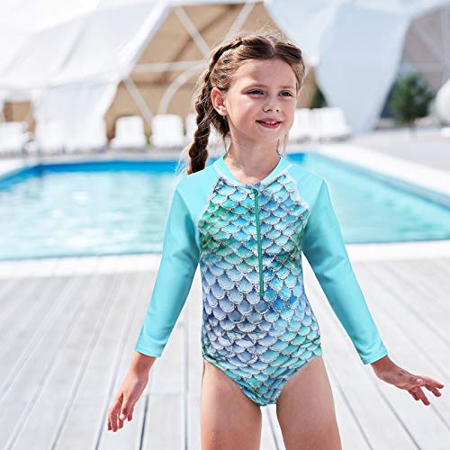 Image of Girls Long Sleeve Rash Guard One Piece Swimsuit Kids UPF 50+ Sun Protection Swimwear Rainbow Striped Bathing Suit 3-14 Years