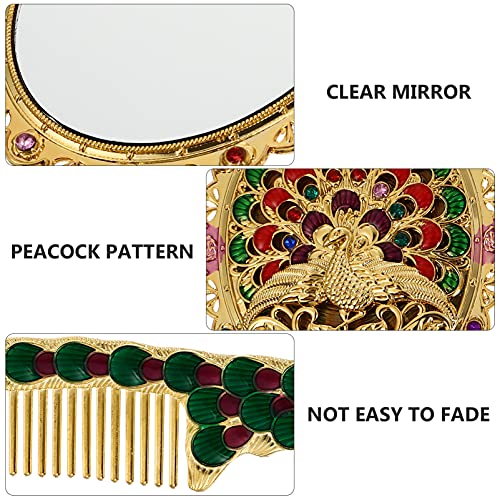 Frcolor Vintage Mirror Comb Set Golden Antique Handheld Mirror Peacock Oval Mirror With Hair Comb Women Cosmetic Vanity Mirror Travel Hair Brush Comb (Random Style) #TOP4