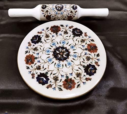 A HANDMADE BEAUTIFUL COLORFUL Pure Marble Hand Carved Heavy chakla and a Wooden Polished belan/ROLLING BOARD WITH ROLLING PIN