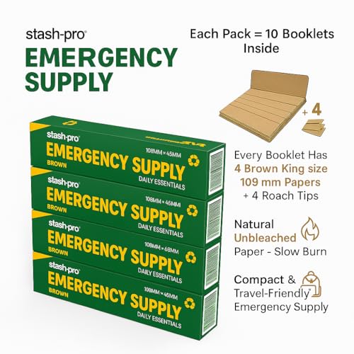 Image of Stash-Pro Emergency Supply - 4 Brown Rolling Papers + 4 Tips per Booklet, Pack of 4 (10 Booklets Each), - 160 Papers & Tips Total