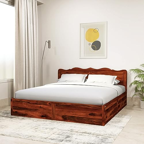Image of Solid Sheesham Wood Mehraab King Size Bed with Box Storage | Wooden Palang Cots for Bedroom, Living Room, Hotel and Home (Honey Finish)