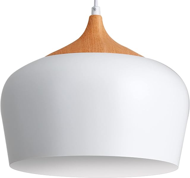KARMIQI White Pendant Light, Ø30CM Modern Stylish Hanging Light with Wood Looking Holder, Metal Dome E27 Ceiling Light for Kitchen Lounge Living Dining Room