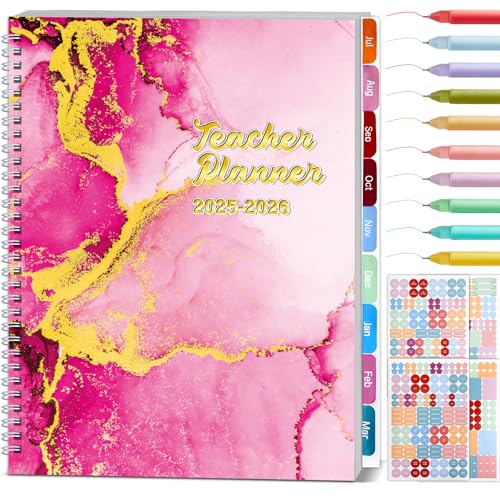 Agenda para profesores, diario, semanal, mensual, encuadernado en espiral con 10 bolígrafos y sección, calcomanías de planificación, calendario fechado, carpeta de bolsillo, pestaña de página (mármol