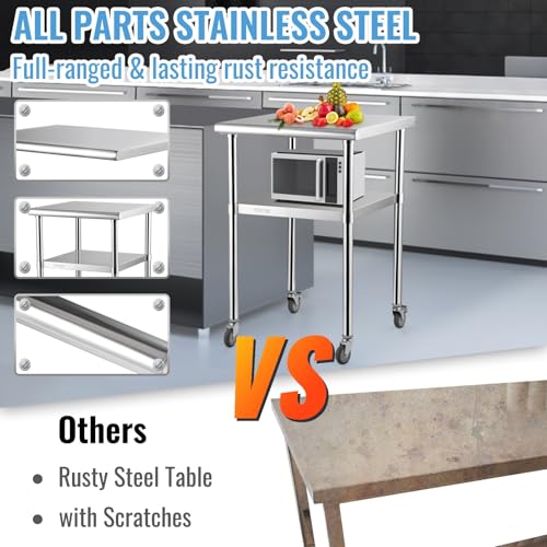 Image of VEVOR Stainless Steel Prep Table, 24 x 24 x 33.5 Inch, 600lbs Load Capacity Heavy Duty Metal Worktable with Adjustable Undershelf & Universal Wheels, Commercial Workstation for Kitchen Garage Backyard
