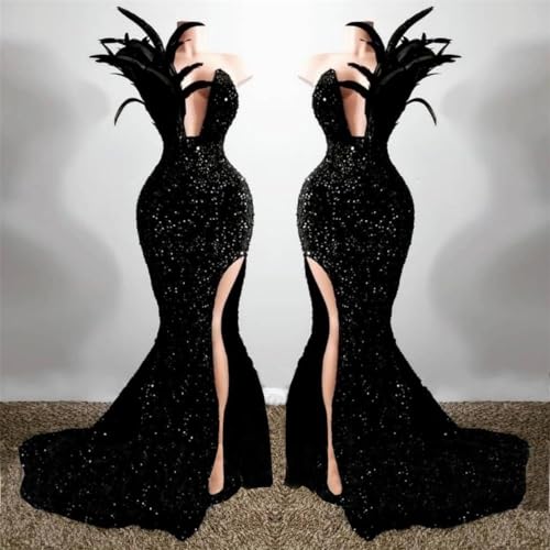 Keting Sequined Feather Mermaid Split V Neck Prom Evening Party Dress Shower Pageant Gala Gown3