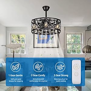 Sunvie caged ceiling fan with lights remote control 21in industrial bladeless ceiling fan black enclosed ceiling fan light with reversible motor for bedroom kitchen living room 5e26 baseno bulb  urban country home decor
