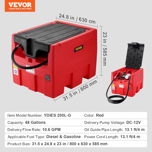 VEVOR Portable Diesel & Gasoline Tank, 48 Gallon, 10.6GPM Flow Rate, Diesel Fuel Tank with 12V Electric Transfer Pump, 13.1ft Hose, Auto Fueling Nozzle, Transfer Tank for Easy Fuel Transportation, Red