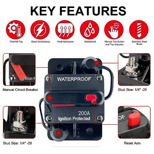 Xipupoo Car Circuit Breaker 200 Amp 12V - 48V DC with Manual Reset Switch Button for Boat Trolling Motor Marine ATV Trailer Vehicles Stereo Audio Electronic Battery Solar System Inline Fuse Waterproof
