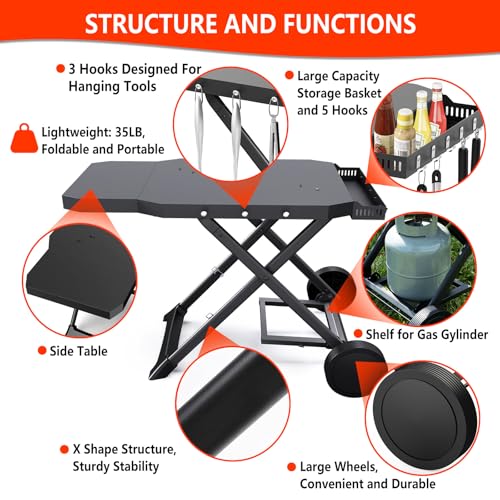 Image of Upgraded Portable Grill Cart for Weber Q1200, Q1000, Q2200, Q2000, Q2400, Foldable Cart for Weber Q Series Gas Grills, Outdoor BBQ Stand with Propane Tank Holder for Travel and Camping