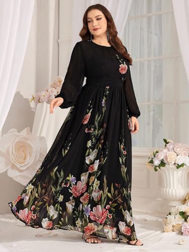 Image of Spring Summer 2024 Plus Size Womens Dresses V Neck Casual Elegant Long Sleeve Floral Print Maxi Dress