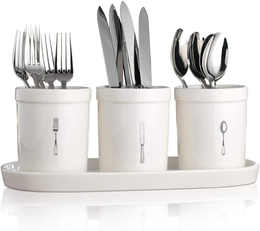 Flatware Organizer Set (Cream Color), 4-pc Ceramic Utensil Crocks on Tray - Printed Mugs on Stoneware Caddy - Home and Party Dinnerware Set