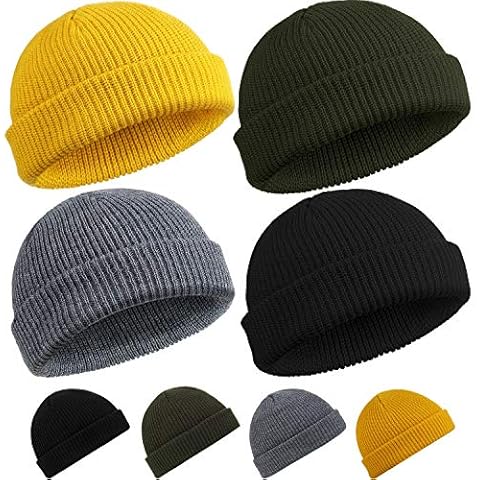 4 Pieces Trawler Beanie Watch Hat Roll up Edge Skullcap Fisherman Beanie Unisex, Black, Army Green, Dark Gray, Yellow, 17 x 20 cm/ 6.69 x 7.87 inches Cover