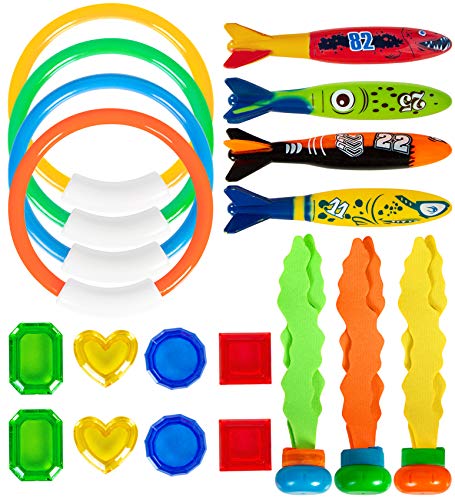 YHmall Diving Pool Toys Set, 19 Pcs Diving Toys for Pool for Kids Pool Toys with Diving Rings Torpedo Seaweeds Gems,Underwater Swimming Gift Set