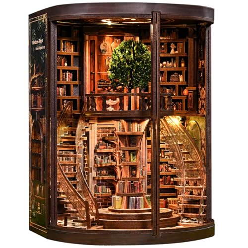 Hestremo DIY Book Nook Kit for Adults with Dust Cover - 3D Wooden Miniature Dollhouse Model Kit with LED Lights, Craft Kits for Adults, Creative Bookshelf Decor & Unique Gift Idea