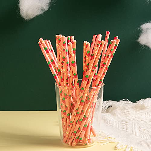 Lonyun [25 Count ] 100% Eco Friendly Paper Straws,Great for Party and also can be used for cake pops,Tall 7.87'' (Fruit series-Strawberry)