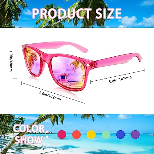 SUNOVELTIES 12 Pack Retro Neon Clear Color Sunglasses Classic Mirrored Lenses Glasses Men/Women Eyewear for Birthday Bachelorette Summer Vacation Parties