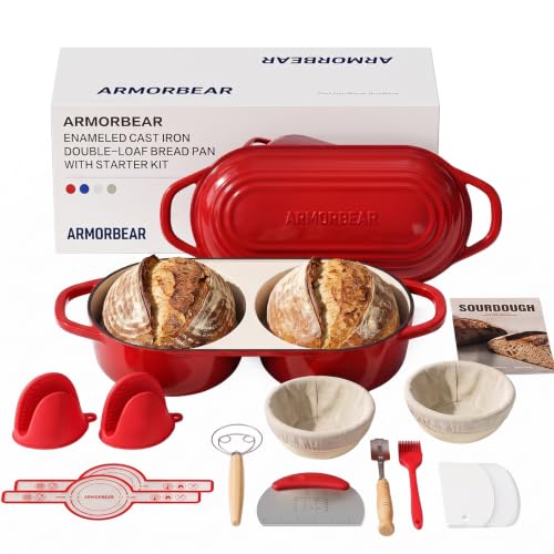 Image of Sourdough Bread Baking Kit with Double Loaf Cast Iron Bread Pan, Red | Bakes two mini loaves at once with banneton proofing baskets included